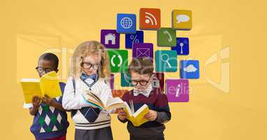 School children reading book against apps icons
