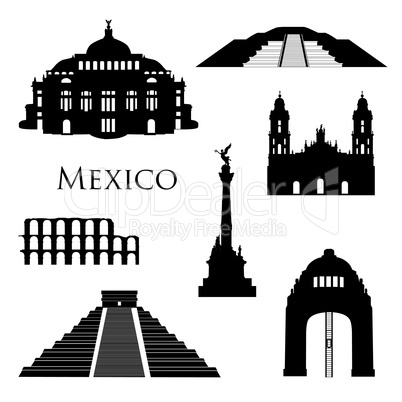 Mexico city landmarks icon set. Famous buildings travel signs