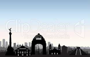 Mexico city skyline. Cityscape landmark silhouette Travel background