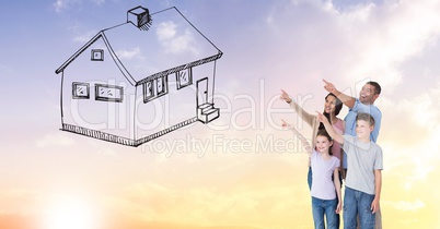Digitally generated image of family gesturing on house drawn in sky