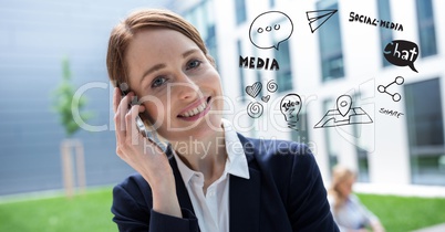 Digital composite image of businesswoman using phone by various icons against building