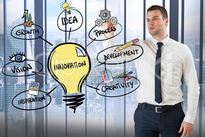 Confident businessman looking at innovation diagram in office
