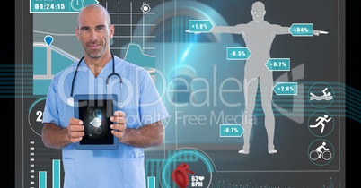 Confident surgeon showing medical report on device with human figure on screen in background