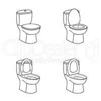 Toilet Sketch Sign. Toilet bowl with seat. Line art Icon Set.