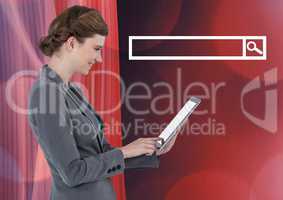 Woman on tablet with tablet and red background