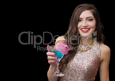 Woman with cocktail against black background