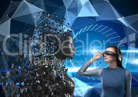 Young woman wearing VR headphones and looking at 3d scattered female figure