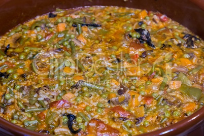 Close Up of Colorful and Fresh Vegetarian Paella Spanish Rice Dish