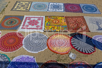 Textiles for sale on the beach in Barcelona of Spain, 09 April 2017