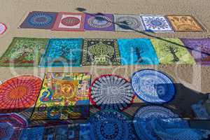 Textiles for sale on the beach in Barcelona of Spain, 09 April 2017