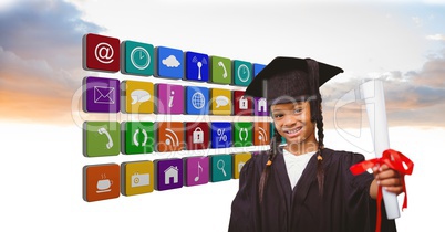 Confident girl in graduate attire holding certificate by application icons