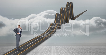 Digitally generated image of confused businessman on wavy road in sky
