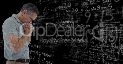 Digitally generated image of thoughtful man with various mathematical equations