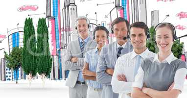 Business people wearing headphones with drawn city in background