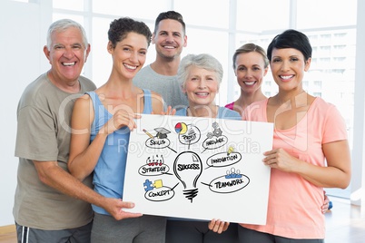 Fit men and women holding bill board with success graphics