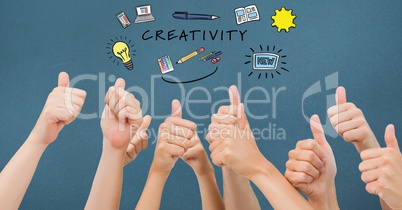 Creativity text with icons over hands gesturing thumbs up