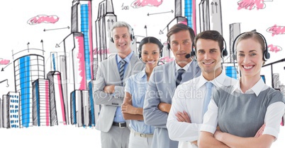 Customer service representatives with arms crossed wearing headphones against drawn city