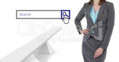 Woman standing next to Search Bar with white abstract structures background