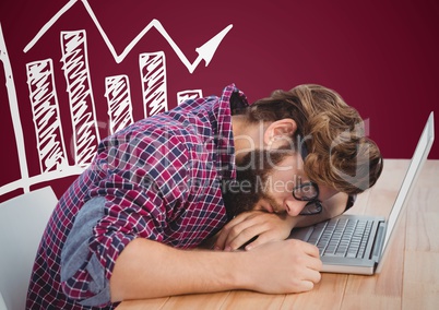 Man asleep at laptop and white graph against maroon background