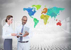 Business people on laptop with Colorful Map with cloud background