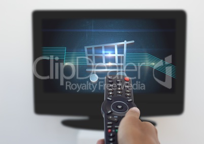 Person using Tv Remote with Shopping trolley icon