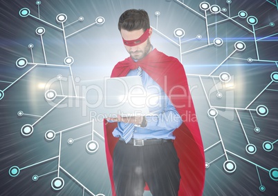 Business man superhero with laptop against network with flare