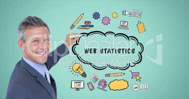 Businessman drawing icons with web statistics text in cloud shape