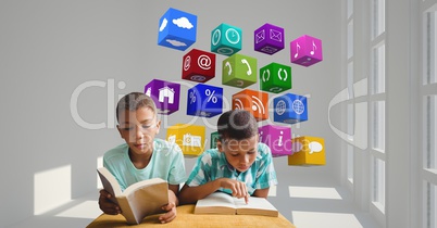 Boys reading books with application icons flying in background