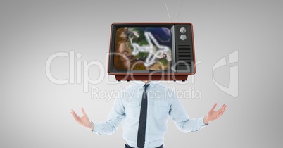 TV on businessman's head with travel concept