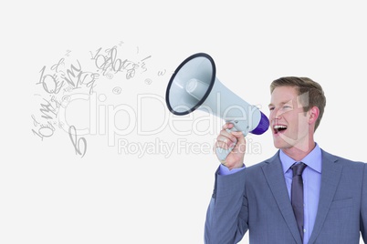 Digital composite image of businessman talking on megaphone emitting letters against white backgroun