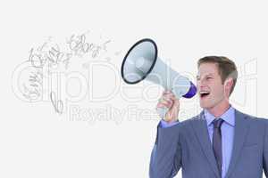 Digital composite image of businessman talking on megaphone emitting letters against white backgroun