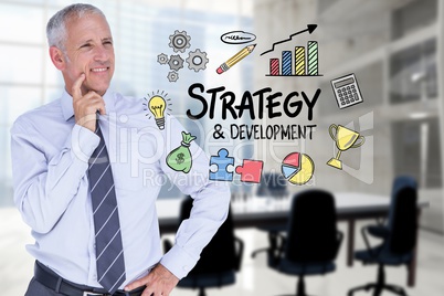 Businessman looking at strategy and development text surrounded by icons