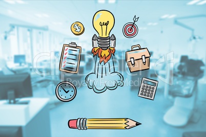 Digital composite image of electric bulb rocket amidst various icons in office