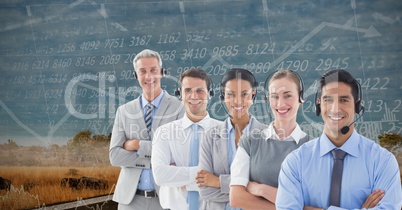 Digital composite image of businessman using headphones mountains and graphs interface in background