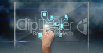 Digital composite image of hand touching futuristic screen
