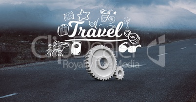 Digital composite image of gears with travel text on road