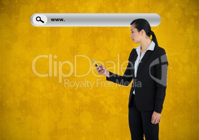 Woman with phone and Search Bar with yellow grunge background