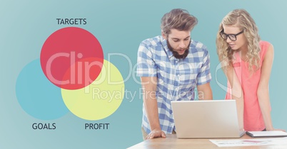 Man and woman at laptop and ven diagram against blue background
