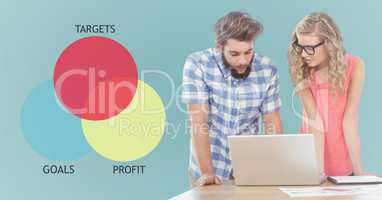 Man and woman at laptop and ven diagram against blue background