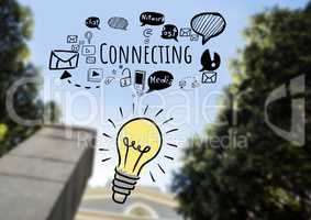 Colourful lightbulb and Connecting text with social media drawings graphics