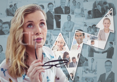 Woman holding glasses against images of business people and arrow