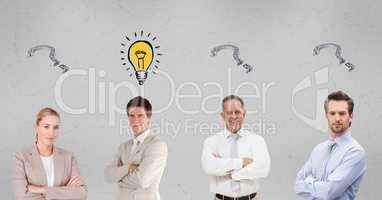 Confident business people with question mark and light bulb signs