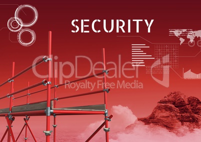 Security Text with 3D Scaffolding and technology interface in red landscape