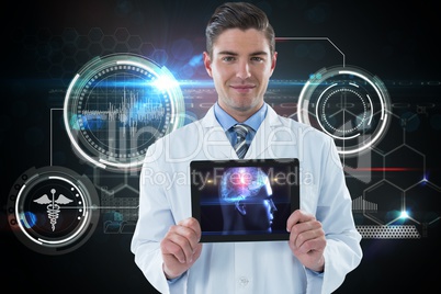 Composite image of doctor showing digital table