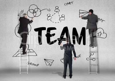 three men drawing a graphic about team on a wall