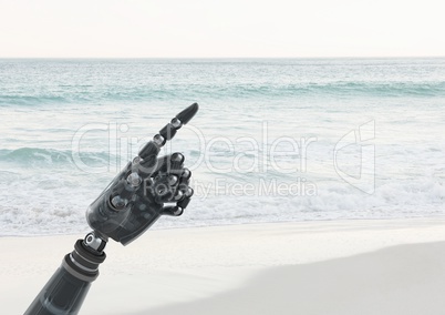 Android Robot hand pointing with sea background