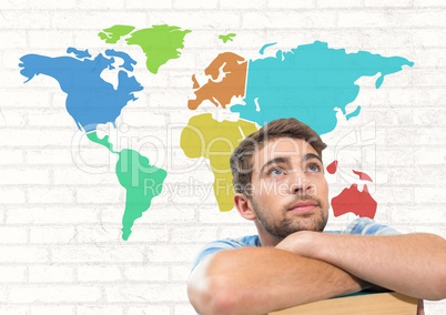 Businessman looking up with Colorful Map with wall background