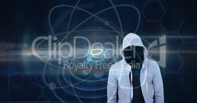 Digital composite image of hacker on screen