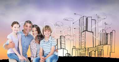 Digitally generated image of happy family with buildings in background