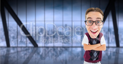 Digital composite image of happy nerd standing arms crossed